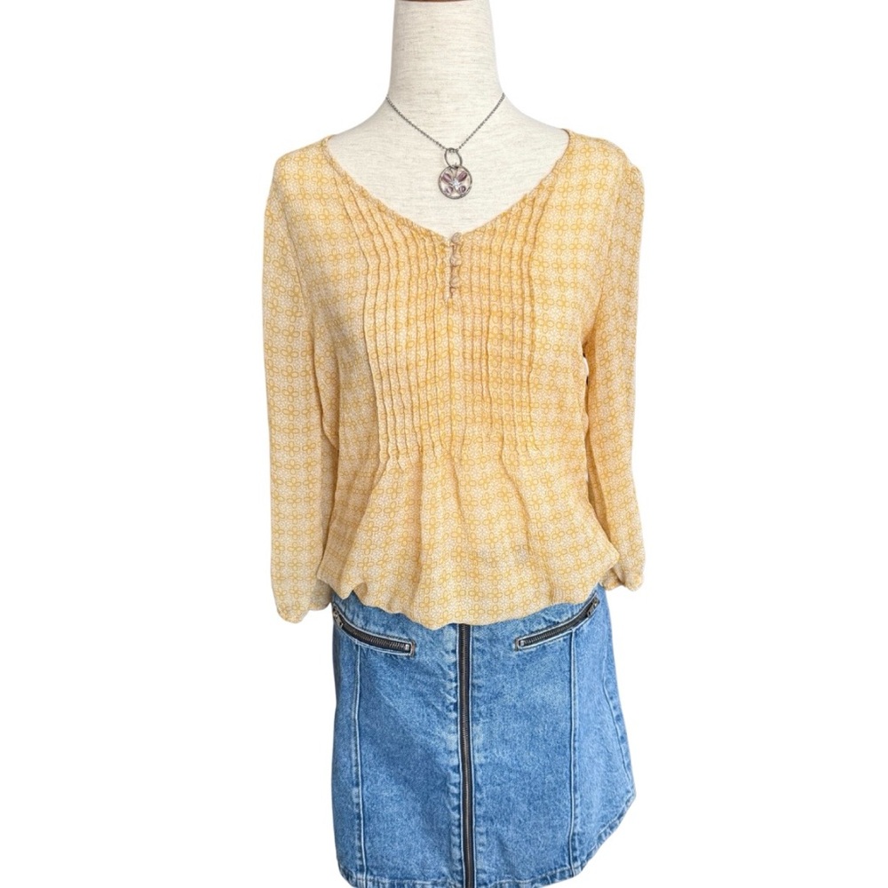 Mustard Yellow Prairie Peasant Blouse‎ Sheer Floral Boho Cottagecore Top S